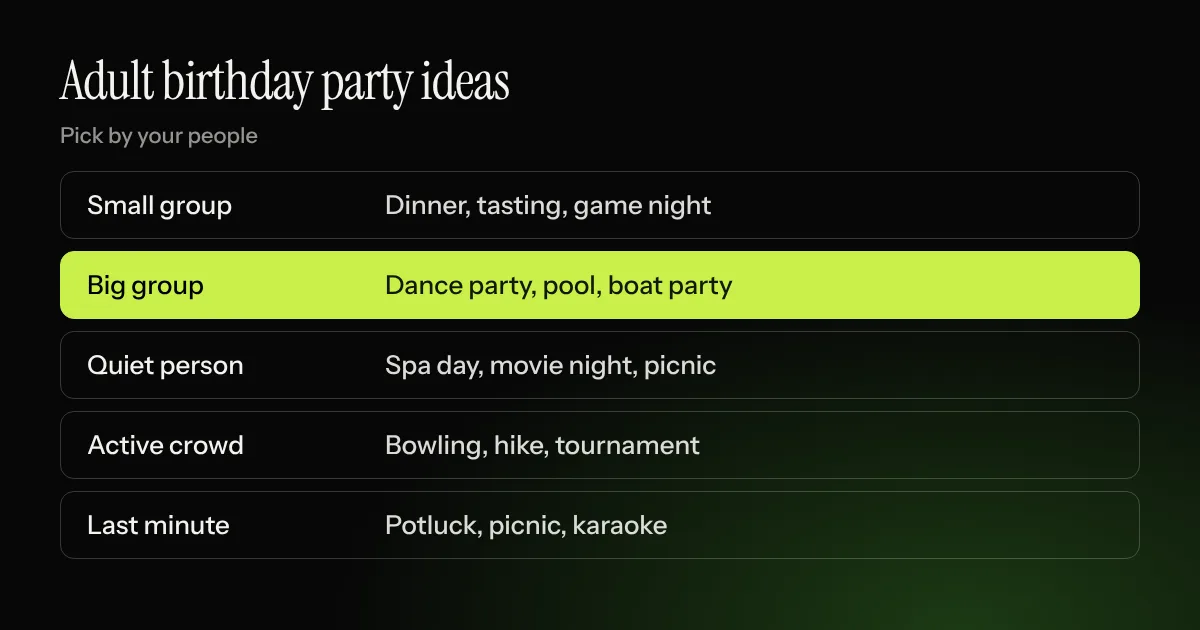 Adult birthday party ideas: themes, dinners, outdoor, active and boat parties