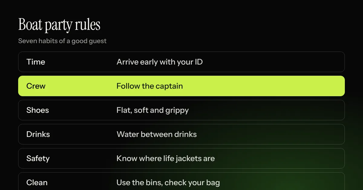 Boat party rules and etiquette: arrive early, follow the crew, wear grippy shoes, drink responsibly, keep it clean