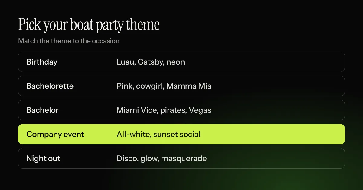 Boat party themes by occasion: birthday, bachelorette, bachelor, company event and night out