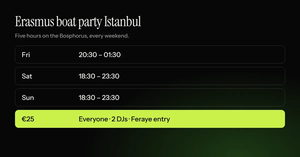 Erasmus boat party Istanbul schedule: Friday 20:30 to 01:30, Saturday and Sunday 18:30 to 23:30, €25 for everyone