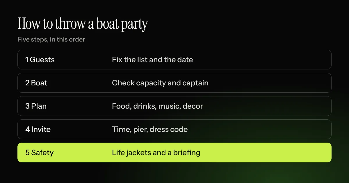 How to throw a boat party in five steps: guests, boat, plan, invitations, safety