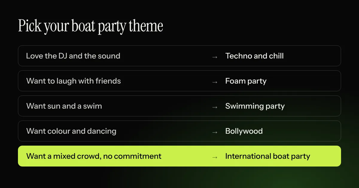 How to pick between a techno boat party Istanbul night, foam, swimming, Bollywood and an international boat party