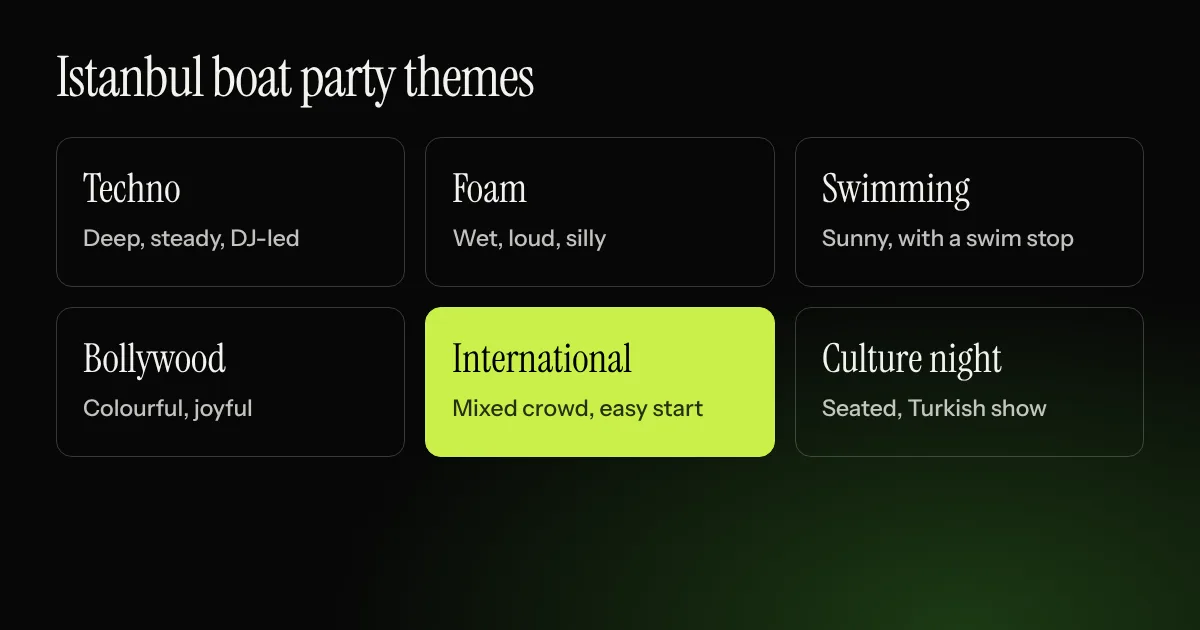 Techno boat party Istanbul and other boat party themes on the Bosphorus: techno, foam, swimming, Bollywood and international