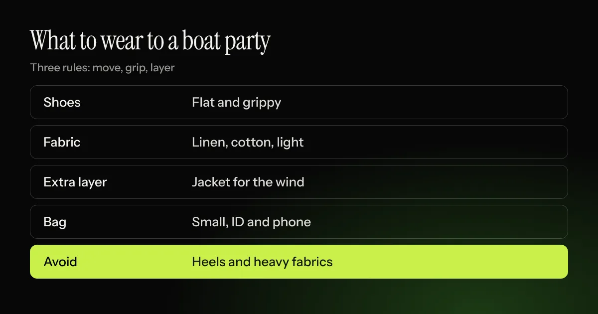 What to wear to a boat party: flat grippy shoes, light fabrics, an extra layer, a small bag, no heels